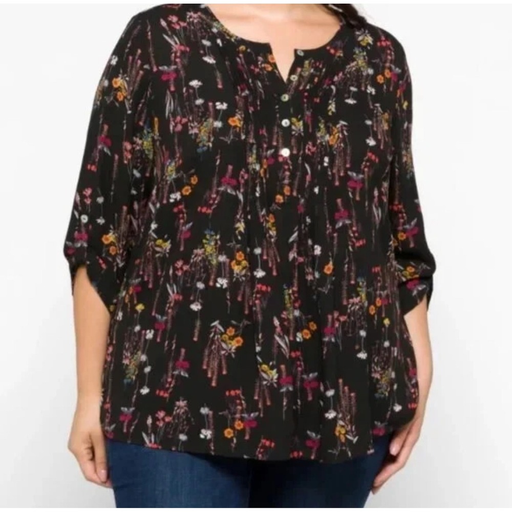 DANIEL RAINN Bilson Pleat Detail Top Black Size 1X Plus Floral 3/4 Sleeves